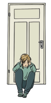 Frau mit ängstlichen Gesicht sitzt vor einer Tür
