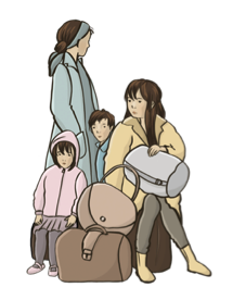 Frau mit Gepäck und Kindern sitzt auf einem Koffer