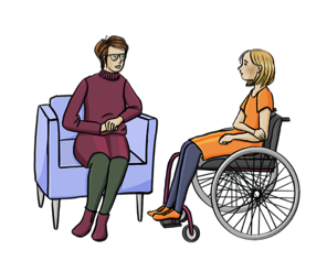 Beraterin spricht mit Mädchen im Rollstuhl