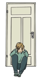 Mädchen mit ängstlichen Gesicht sitzt vor einer Tür