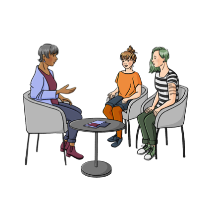 Eine Beraterin sitzt mit 2 Mädchen um einen Tisch
